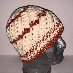 reflective crochet  adult crochet beanie 100% wool ivory & brown